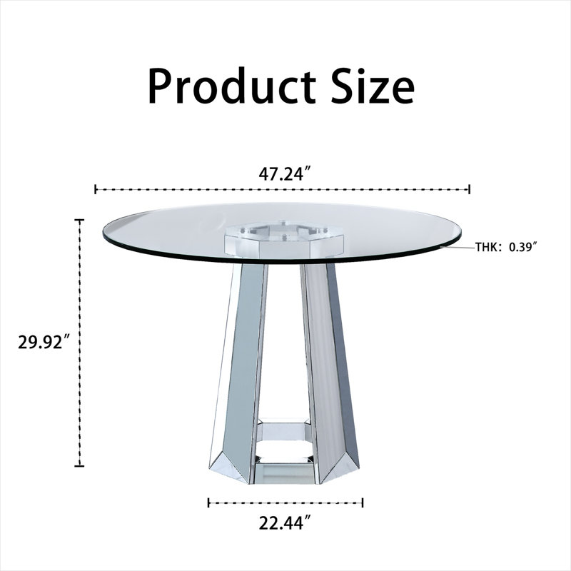 Table de salle à manger ronde en verre trempé pour 4, base piédestal de 47,24 pouces, verre transparent argenté froid, table de salle à manger ou de cuisine minimaliste moderne