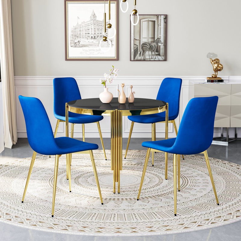Round Glass Dining Table Set For 4, Modern Irregular Stainless Steel Table With Velvet Cushioned Chairs, Black/Gold