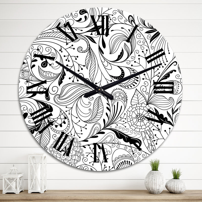 Horloge murale à motif floral noir et blanc, Moyen