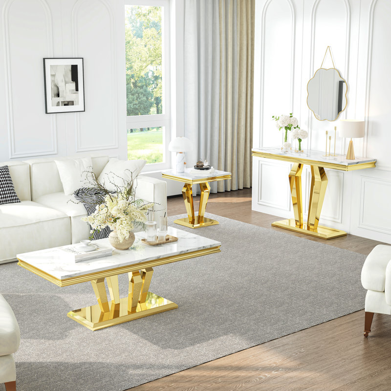 46.8" Console Table With Faux Marble Top & Stainless Steel Frame, White/Gold