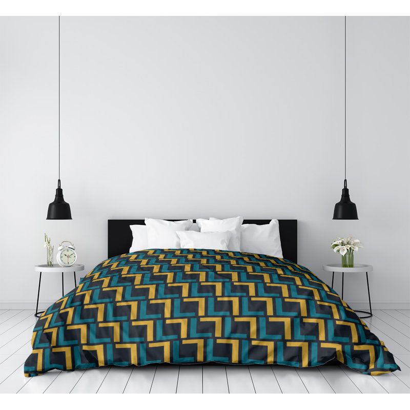 Housse de couette carrée simple, Housse de couette simple TG, Bleu sarcelle / or / noir, Polyester brossé