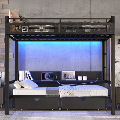 Lit superposé double au-dessus de double avec tablettes et tiroirs de rangement, lit superposé en métal multifonctionnel avec ports USB et lumières à DEL, canapé-lit inférieur convertible, conception noire peu encombrante pour la chambre et la chambre d'amis