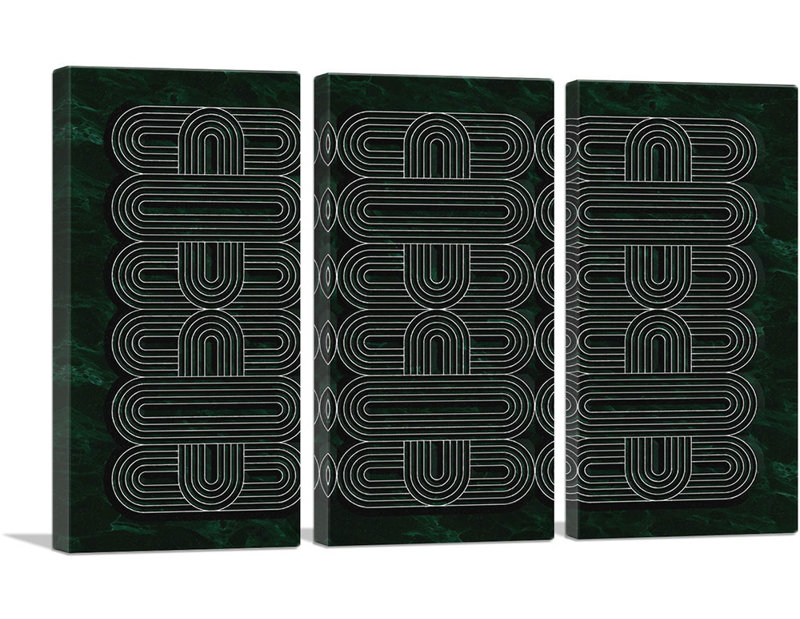 Art déco ovales blancs sur vert foncé - ensemble de 3 impressions sur toile tendue, H 40 po x l 60 po x 1,5 po