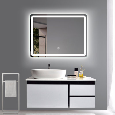 LED Lighted Vertical/Horizontal Wall Mounted Frameless Rectangle Round Bathroom Makeup Vanity Mirror / Touch Switch / Waterproof / Dimmable / 3 Color -  Orren Ellis, 6D4B3FBB5B54436A826F680A3AE1AB9A