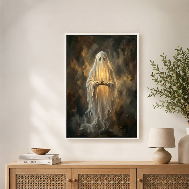 Tableau sur toile avec cadre flottant, représentant une silhouette fantomatique d'Halloween illuminée par une chandelle, à l'éclat éthéré. Prêt à accrocher.