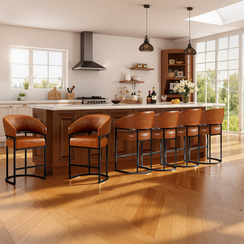 26" Counter Height Bar Stools,Camel PU Leather Black Metal Base, Black, Camel Faux Leather