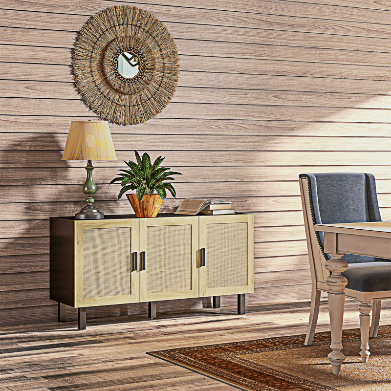 Armoire de rangement polyvalente avec portes en rotin et tablettes réglables
