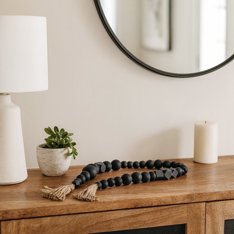 Decorative Garland Round Beads with Tassel Ends - Handcrafted Wood Decorations for Living Room and Home Decor - Mix with Statues, Sculpture, or Figurines Accents