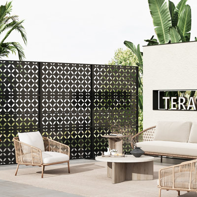Freestanding Metal Privacy Screen, Laser Cut Decorative Garden Fence Panel with Stand, Rustproof Galvanised Steel Divider, 72 Inch Tall, Black, Square Hole Coin Style