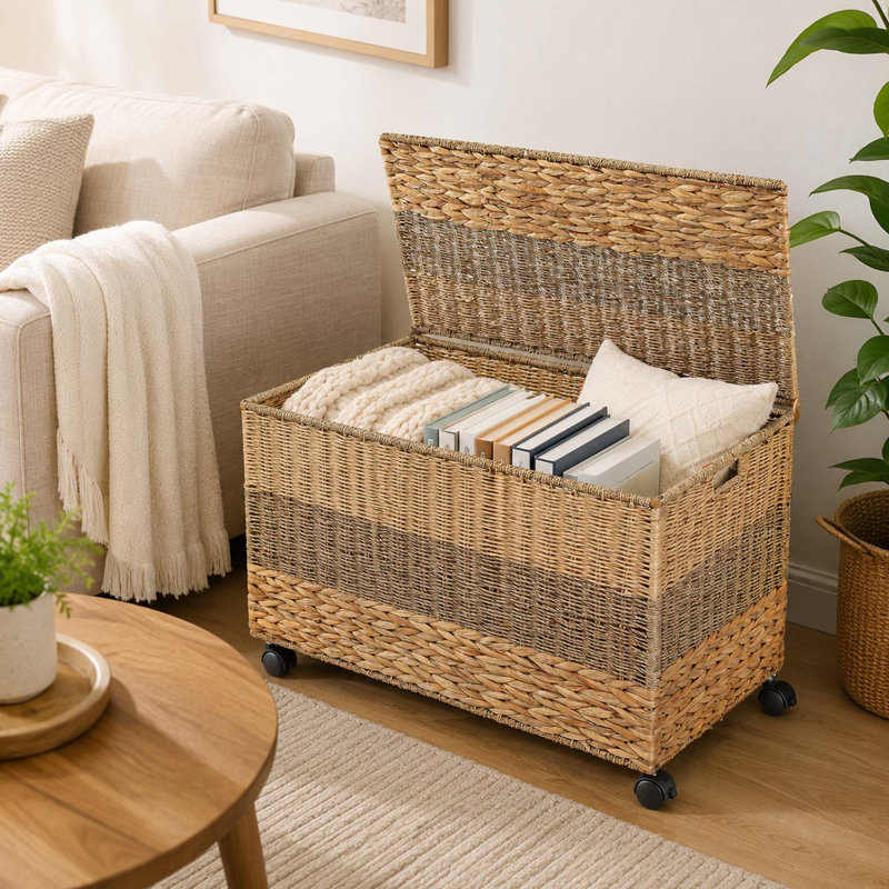 Coffre de rangement en jacinthe d'eau 160L, couvercle et roues