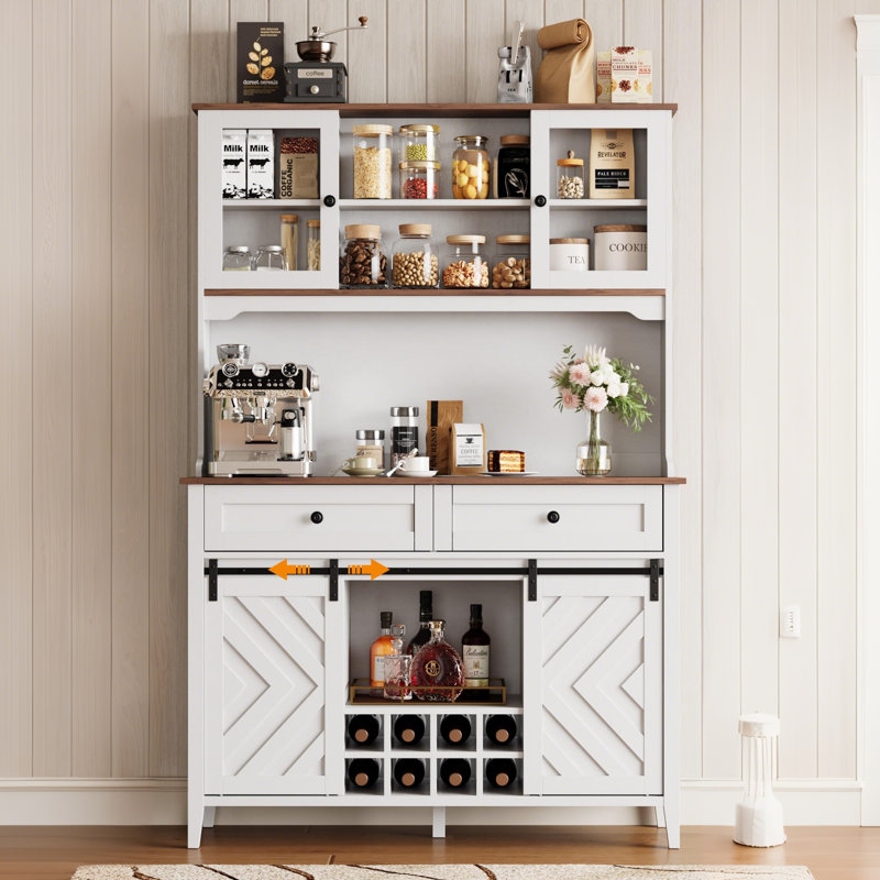 Farmhouse 72" Kitchen Buffet Hutch with Barn Door, Wine & Coffee Bar Cabinet, LED Lighting, 2 Drawers, 8 Storage Shelves, Charging Station, Large Pantry Sideboard for Dining Room and Kitchen