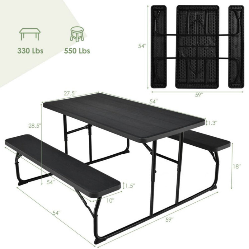 Ensemble de banc de table de pique-nique intérieur et extérieur pliable avec texture de bois, Noir
