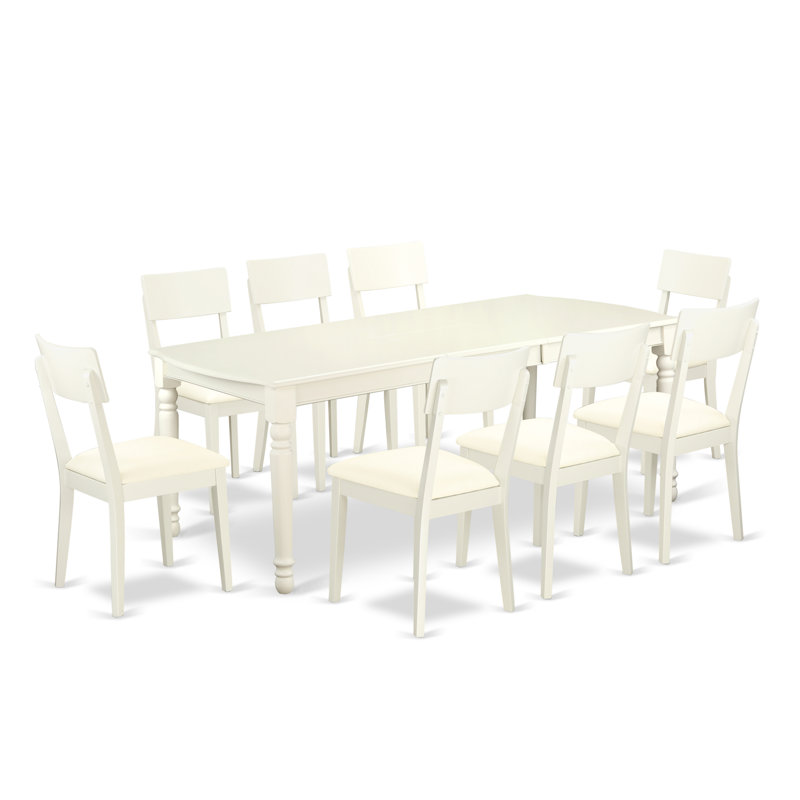 9 Piece Kitchen Table Set Includes a Rectangle Dining Room Table with Butterfly Leaf and 8 Faux Leather Chairs, Linen White