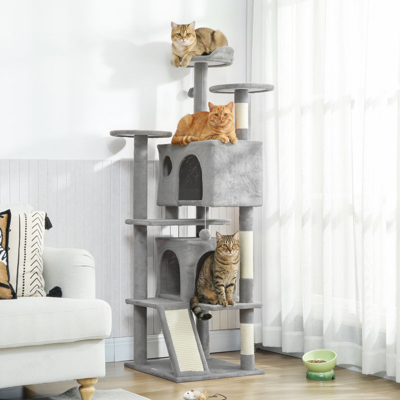 Tour pour arbre à chat 54 po avec poteaux à griffer, condos pour chat, gris clair, H 63 po x l 19,3 po x P 19,3 po