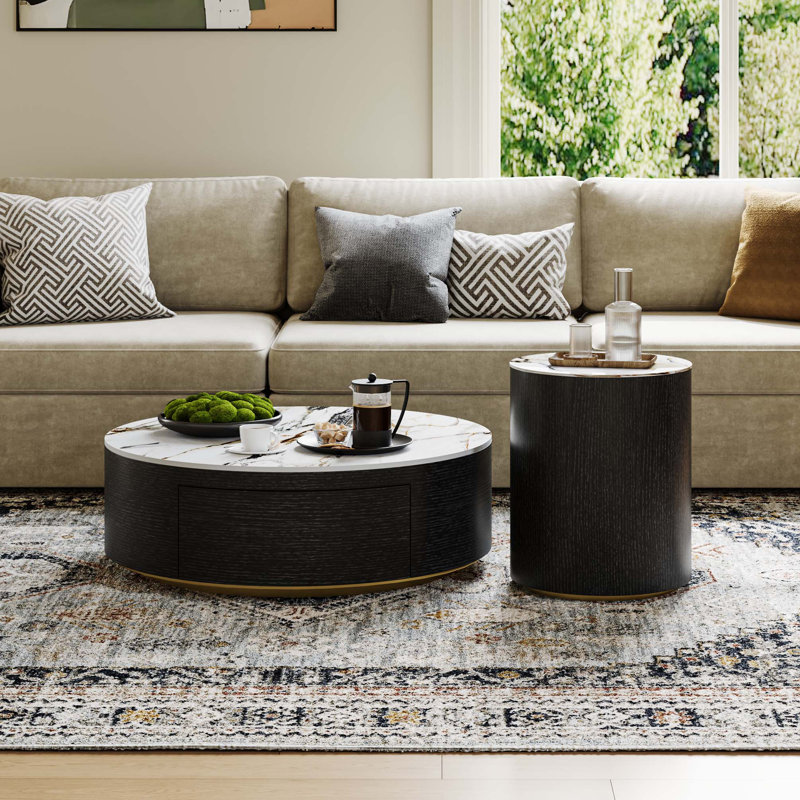 2 Drum Coffee Table, Sintered Stone Top, Fully-assembled