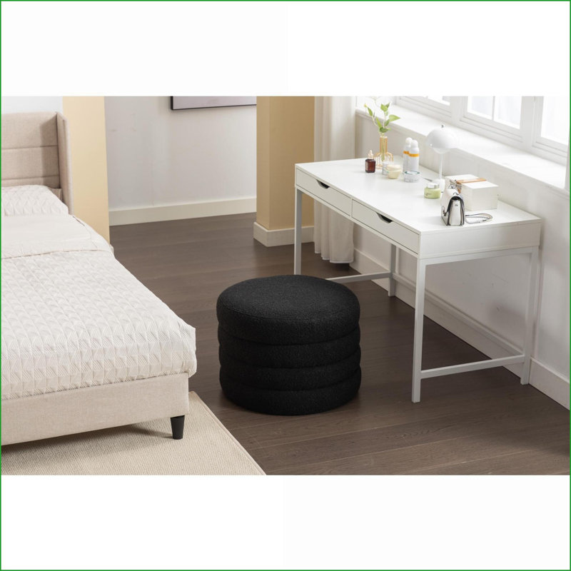 Repose-pieds avec rangement Housse réversible - 24,41 po rond, sans assemblage - banc de chambre, tabouret de maquillage | Noir | Tissu Boucle