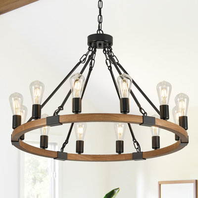 Farmhouse Wagon Wheel Chandelier With 12 Lights, Rustic Oak Wood And Black Metal Pendant Light Fixture For Living Room, Dining Room, Kitchen, And Entryway