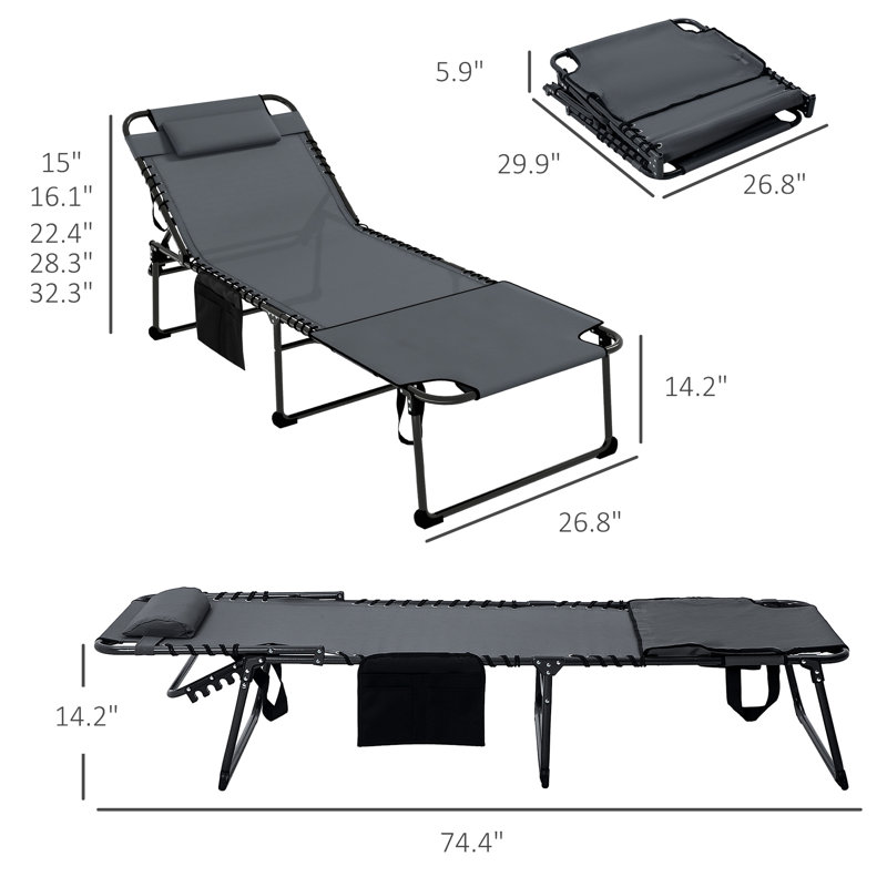 Chaise pliante d'extérieur, 2 pièces, 5 angles inclinables, trou pour le visage de lecture, poche latérale, gris pour la cour, patio, chaise de bronzage de plage, 5 dossiers, poche et plage, utilisation dans la cour