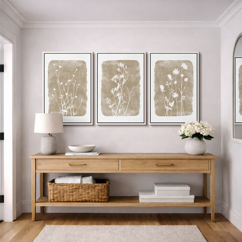 Minimal Botanical "Neutral Beige Rustic Botanical Floral Artwork, Vintage Simple Wildflower Living Room Pictures, Framed Canvas Giclee Print 3 Pieces Wall Art" 16"x24"x3 pcs, 24"x36"x3 pcs