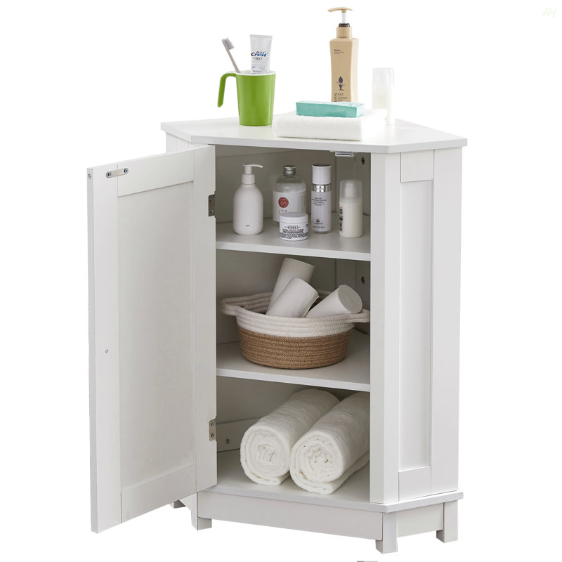 Bathroom Cabinet Triangle Corner Storage Cabinet With Adjustable Shelf Modern Style MDF Board, White