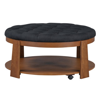 Large Round Ottoman Coffee Table With Wood Shelf Storage