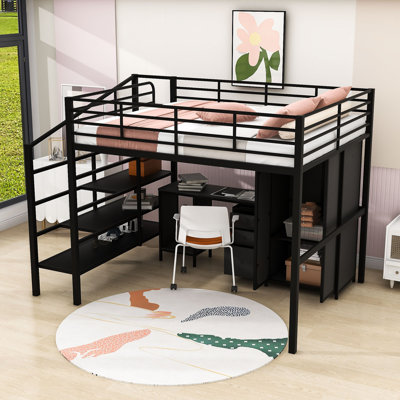 Full Metal Loft Bed With Desk, Drawers And Wardrobe