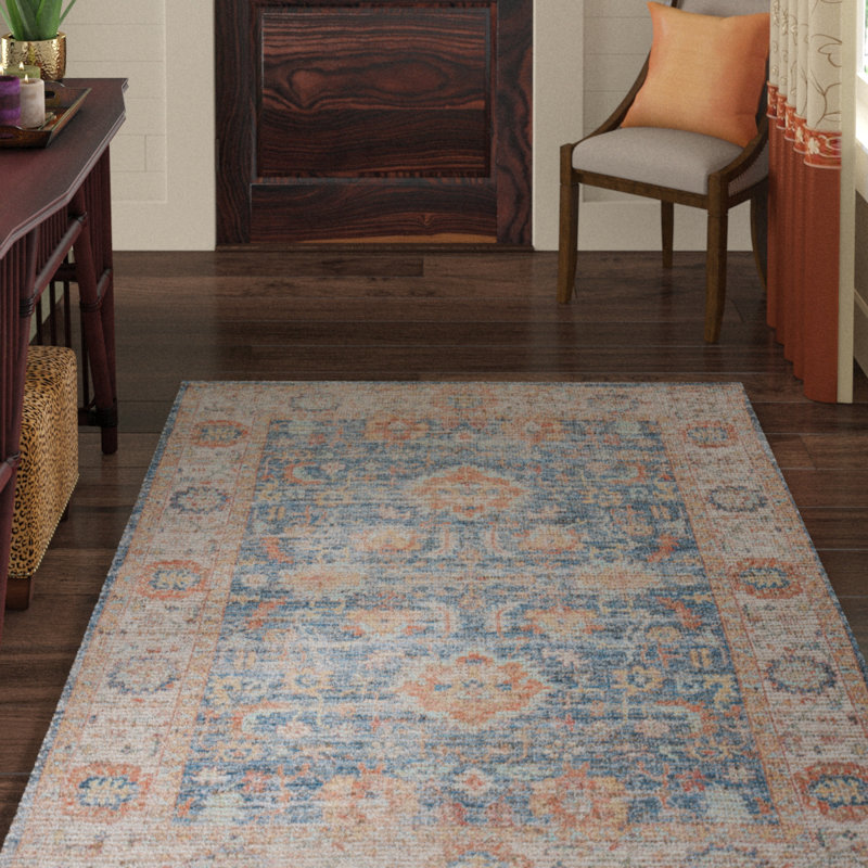 Tapis oriental en jute / sisal / coton bleu / beige / orange Evansville, Rectangle 7 pi 6 po x 9 pi
