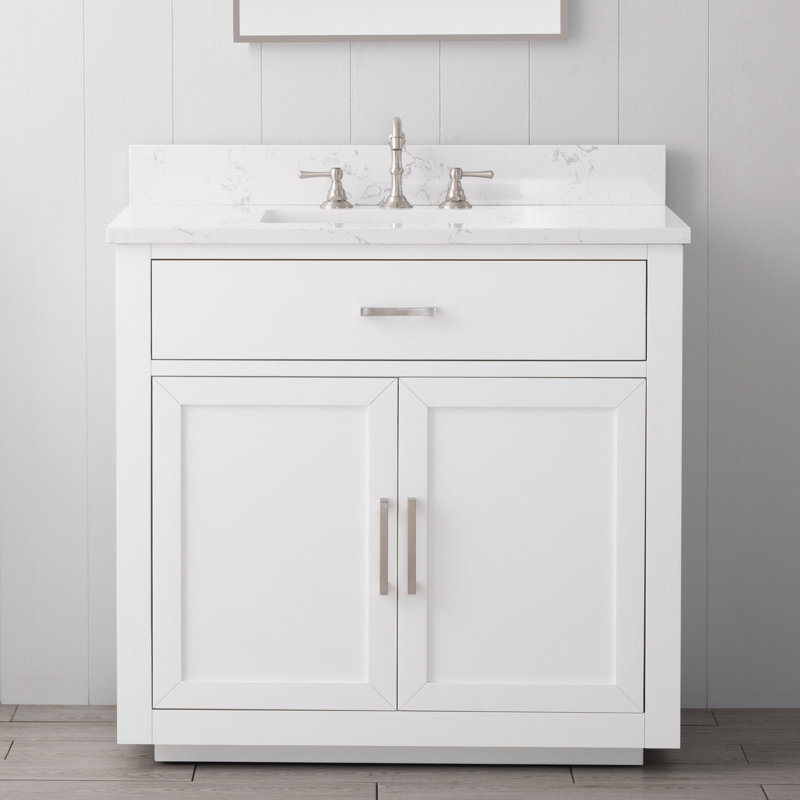 Ensemble de meuble-lavabo simple autoportant 36 po avec plateau en pierre reconstituée Ingalls, Blanc, Soft Carrara White
