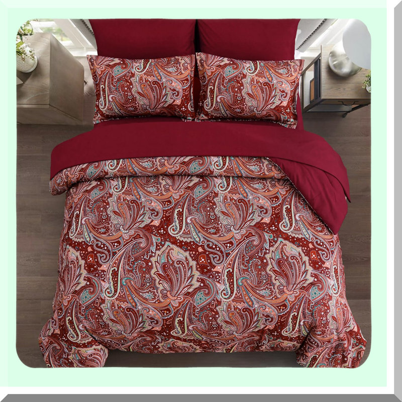 Boho Paisley Dream 7-Piece Comforter Set - Soft Lightweight Microfiber Reversible Bedding for All Seasons - King Size 104''x90'' - Red Paisley Pattern