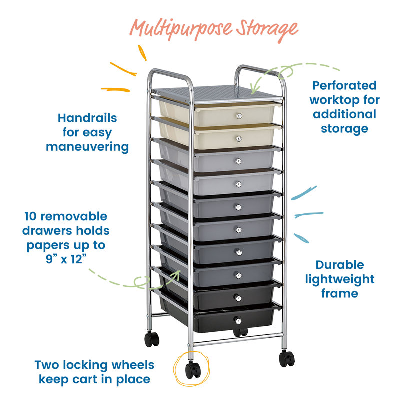 Grey Ombre 10-Drawer Rolling Storage Cart with Chrome Frame