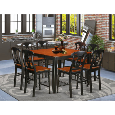 Ensemble de table de salle à manger à hauteur de comptoir 9 pièces comprenant une table de cuisine carrée avec piédestal et 8 chaises de salle à manger, noir et cerise