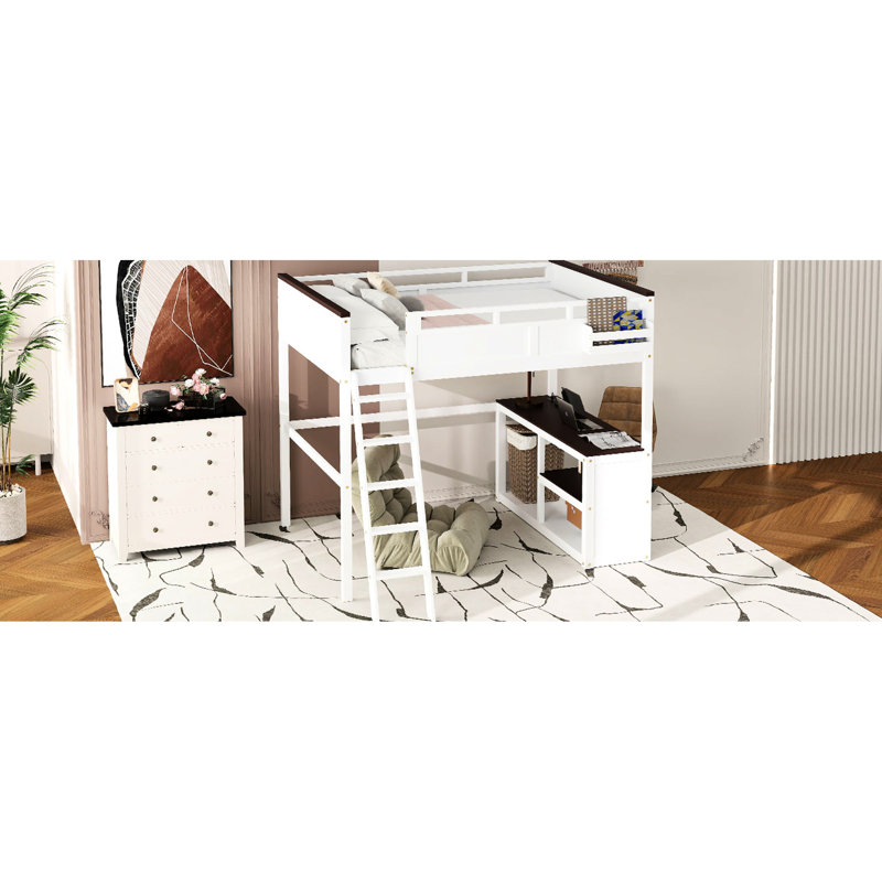 Grand lit mezzanine blanc avec bureau, tablettes de rangement et une boîte - robuste, instructions d'assemblage claires, expérience de vie confortable