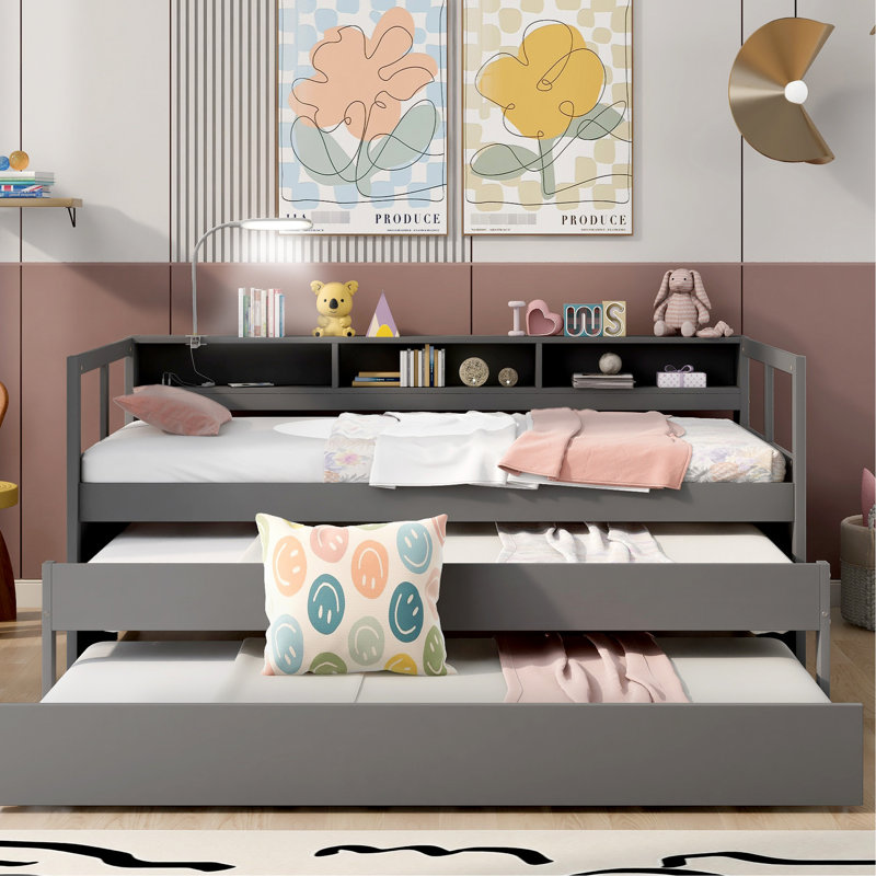 Lit de jour simple TG gris - 2 gigognes, 3, en bois de charge et utile, Gris