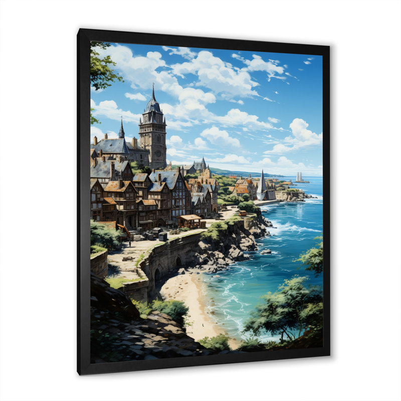 Village côtier français en Bretagne II - salon nautique et plage, H 20 po x l 12 po x P 1 po, Cadre photo noir