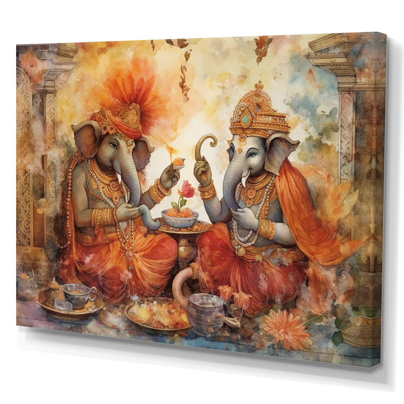 L'hindouisme aquarelle Ganesha avec détails complexes sur toile, Toile tendue, H 30 po x l 40 po x P 1,5 po