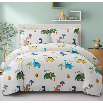 Marina Decoration Boys 600 Thread Count Home Bedding Bedroom Soft Percale 3 Pieces Kids Printed Cotton Duvet Cover Set with Corner Tie and Zipper, Cartoon Dinosaur Zoo Dino Pattern Double/Full Size