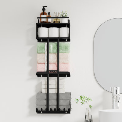 3 Tier Black Wall Mounted Towel Rack, with Storage Basket and Hooks, Rustproof Metal, for Bathroom