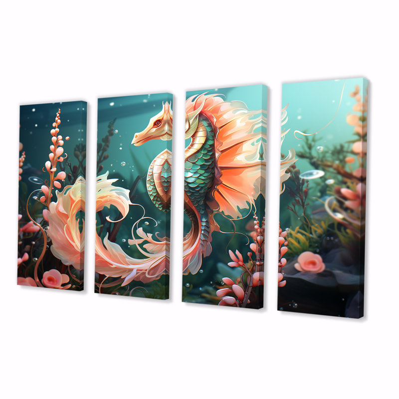 «Pink Coral Seahorse Floral Dream - Seahorse», art mural 4 pièces, H 28 po x l 48 po