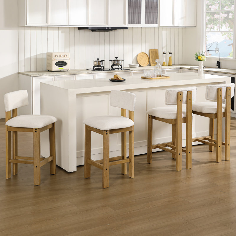 Tabouret rembourré avec structure en bois massif, Beige clair