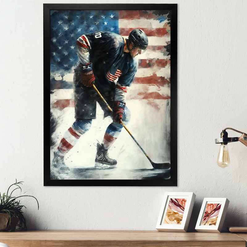 Hockey sur glace I - Peinture sur toile, Cadre photo noir, H 20 po x l 12 po x P 1 po