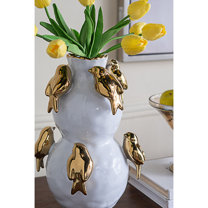 Vase en céramique à deux niveaux avec des accents d'oiseaux dorés, parfait pour une décoration intérieure élégante et des arrangements floraux
