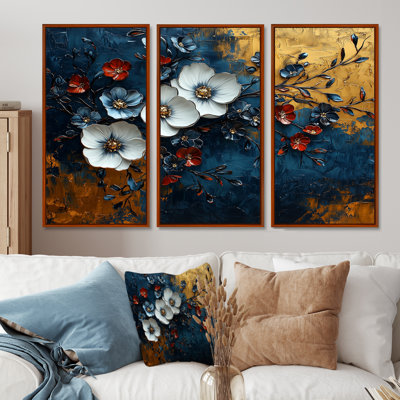 «White and Blue Poppies Venetian Vibrance I», ensemble d'art mural coquelicots