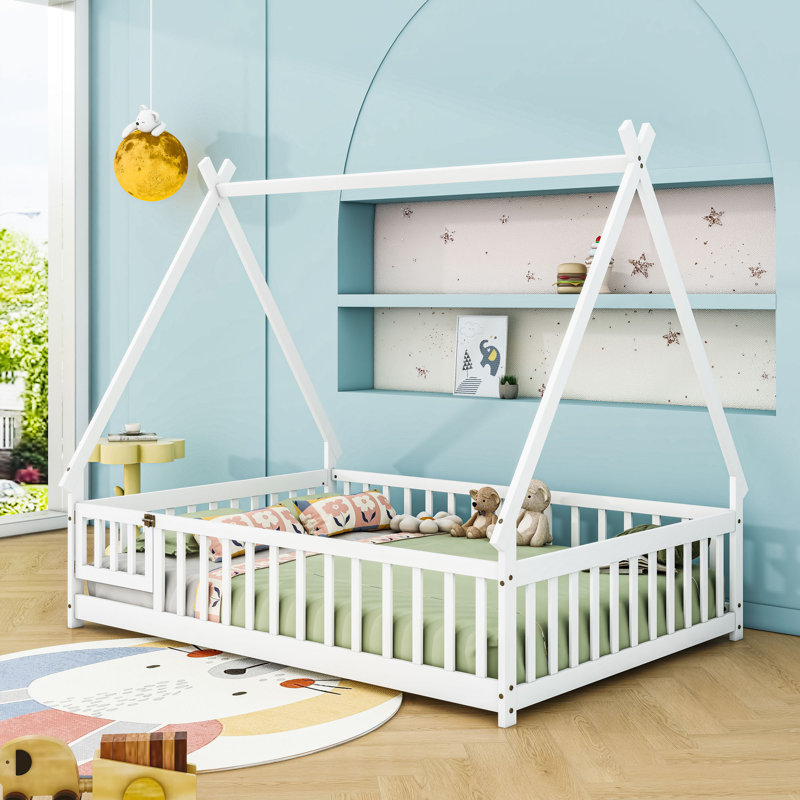 Full Wood Bed With Guardrails, White