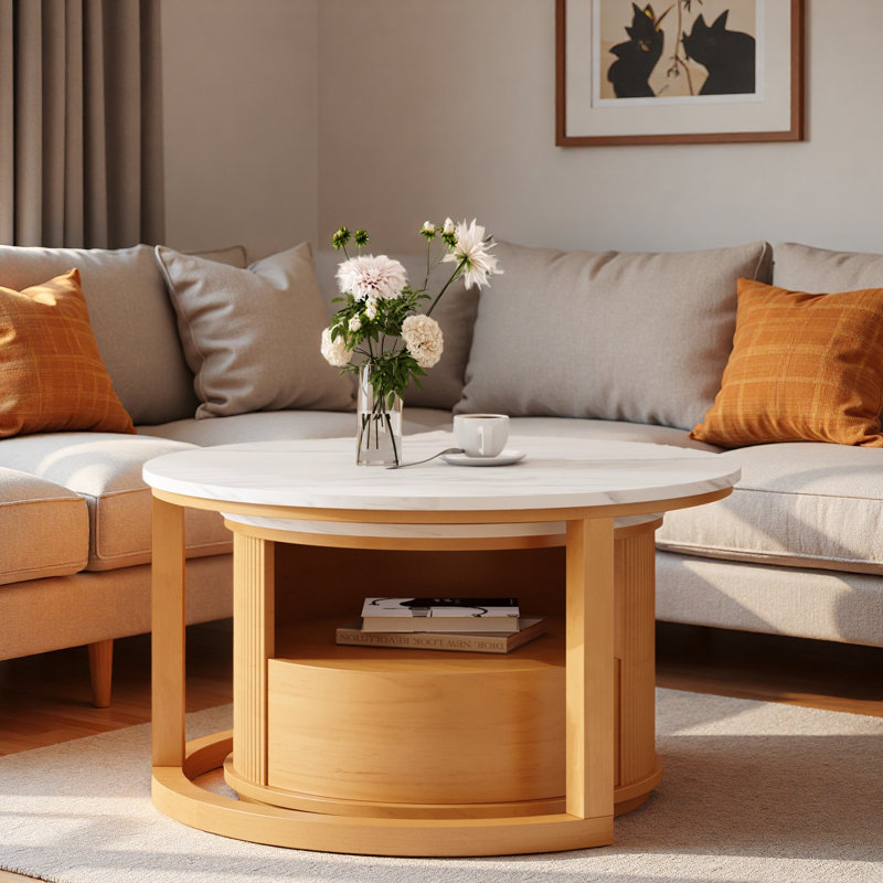 Table basse ronde gigogne avec plateau en marbre blanc, rangement à 2 niveaux et 1 tiroir
