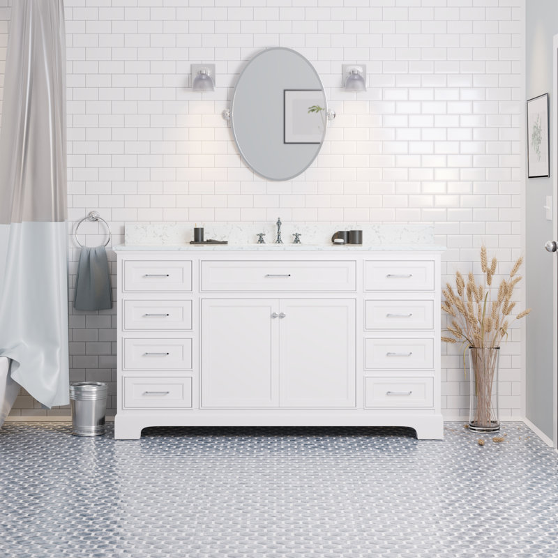 Ronnie 60" Single Bathroom Vanity Set with White Cabinet and Engineered Marble Countertop, White, Engineered Marble