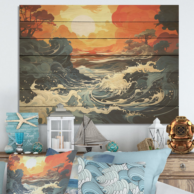 Coucher de soleil blanc et jaune - coucher de soleil côtier sur bois, H 30 po x l 40 po x P 0,78 po