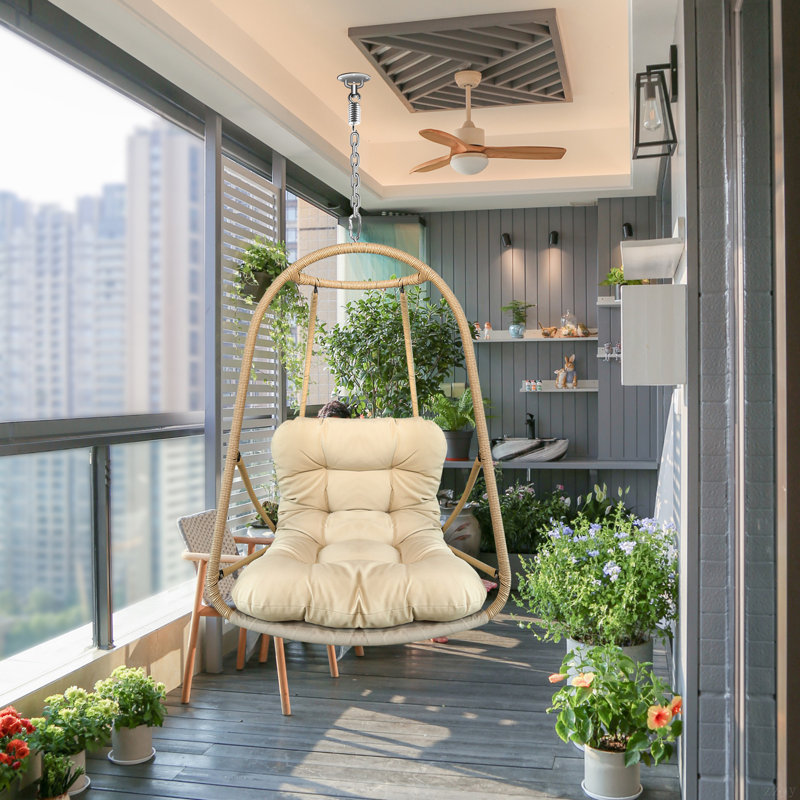 Without Stand Swing Egg Chair  Indoor Outdoor Wicker Rattan Patio Basket Hanging Chair With C Type Bracket , With Cushion And Pillow,Patio Wicker Folding Hanging Chair( Special Construction Cup Holder