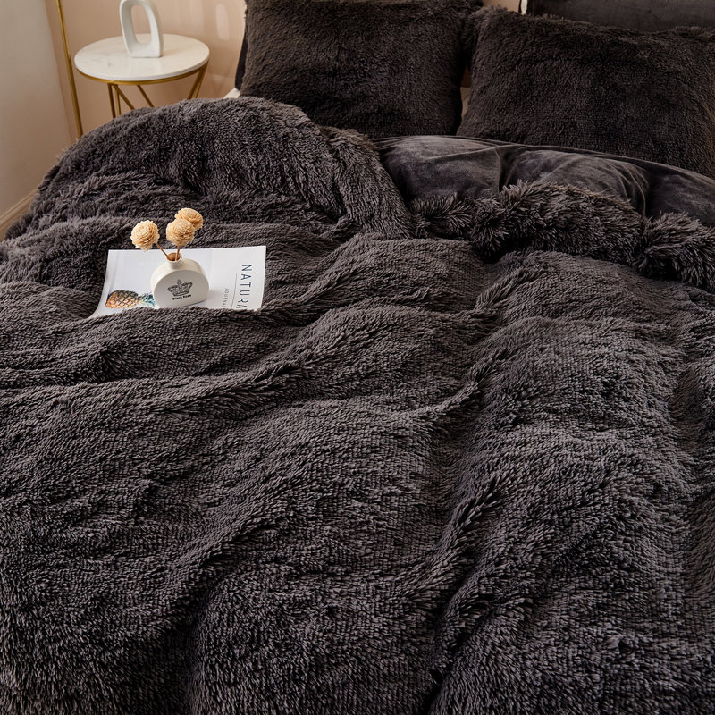 FFDC1217 Plush Shaggy Duvet Cover Set, Queen Duvet Cover + 4 Additional Pieces, Dark Gray