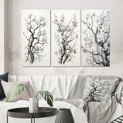 " Gray White Tree Graphite Whispers " 3 - Pieces