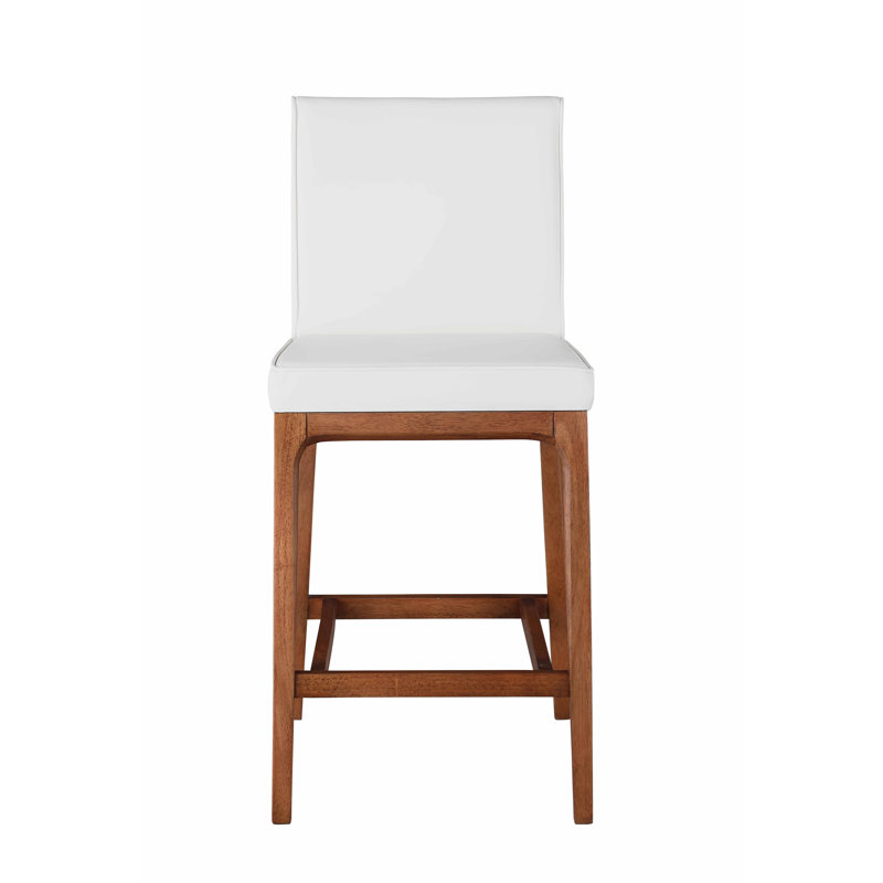 Emma White Faux Leather Low-back Counter Stool with Walnut Wood Base